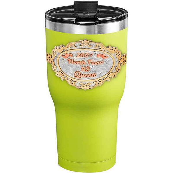 A customized tumbler made of stainless steel with a personalized engraved initials and North Texas High School Queen lettering, 30 oz, ideal for coffee or cool drinks